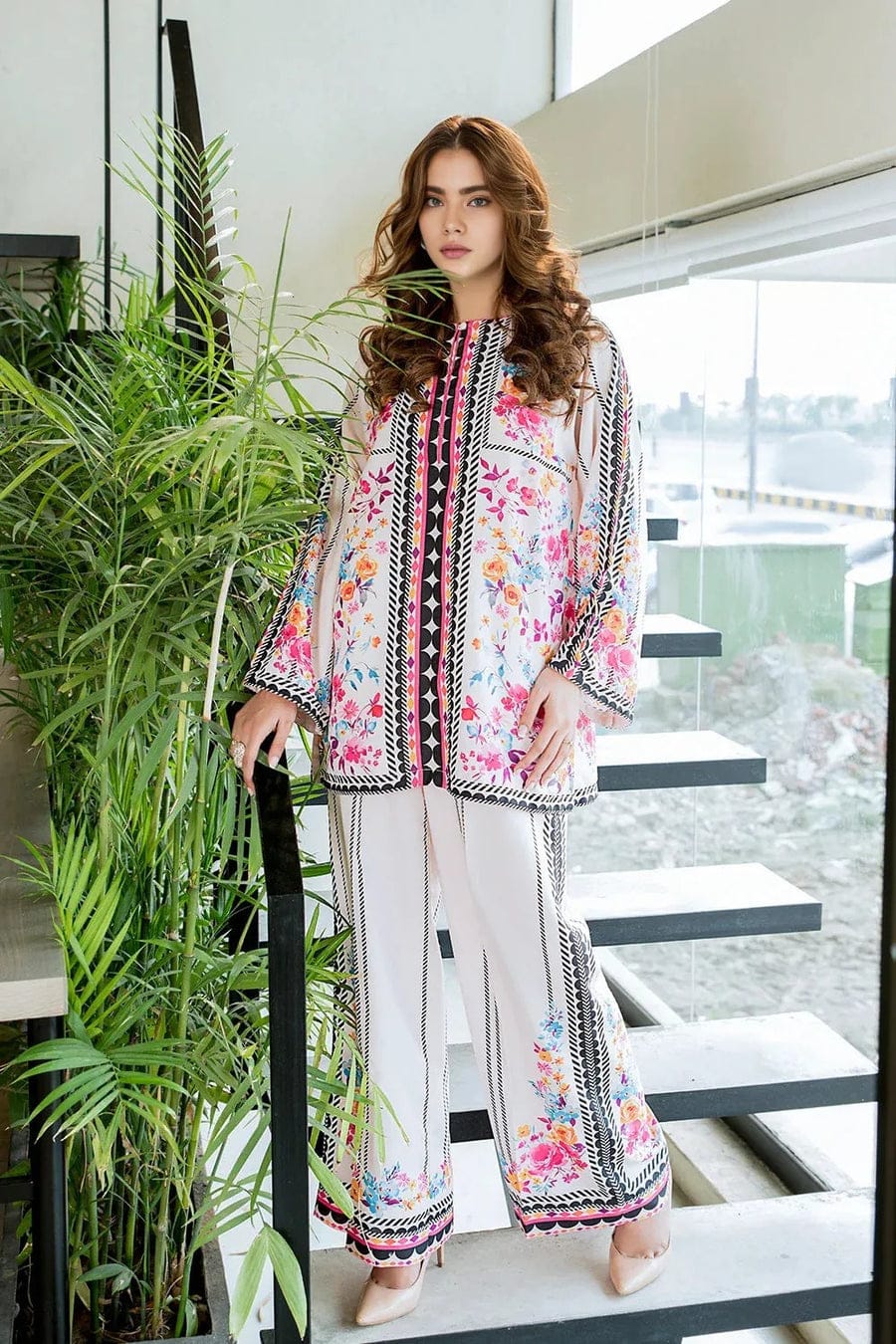 Modern Floral Stripe Printed Unstitched Suit