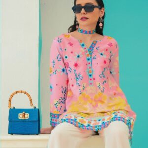 Artistic Floral Panel Print Pink Unstitched Suit - 9