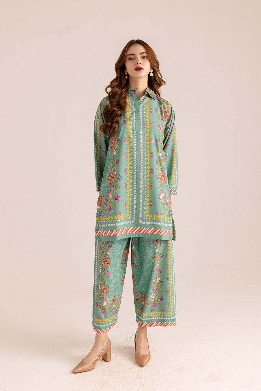 Floral Vine & Stripe Print Unstitched Suit - 7