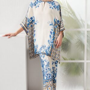 Ivory & Blue Garden Artwork Print Unstitched Suit