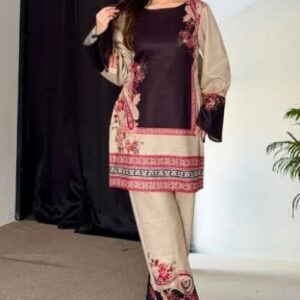 Beige Blossom Panel Print Unstitched Suit - 10