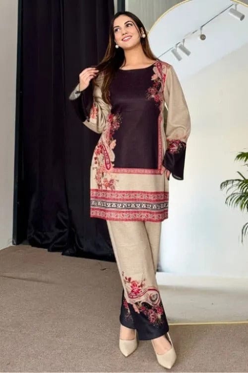 Beige Blossom Panel Print Unstitched Suit - 10