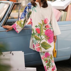 Ivory Statement Bloom Illustration Unstitched Suit