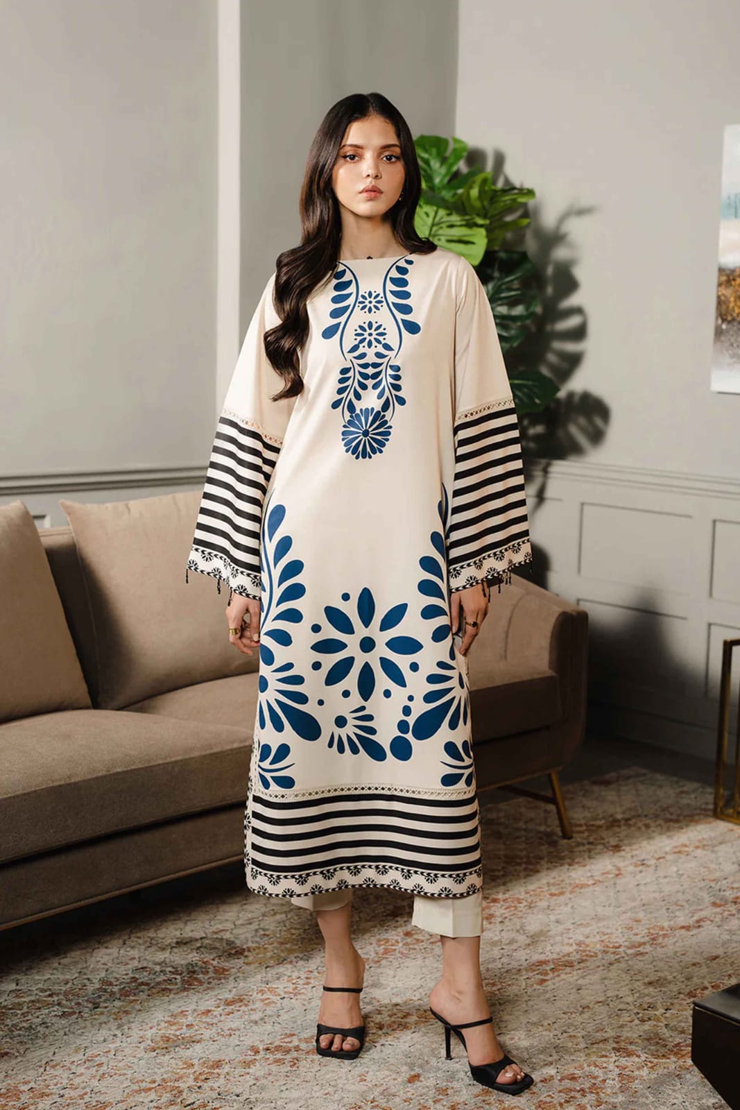 Premium Cream & Blue Floral Unstitched Suit