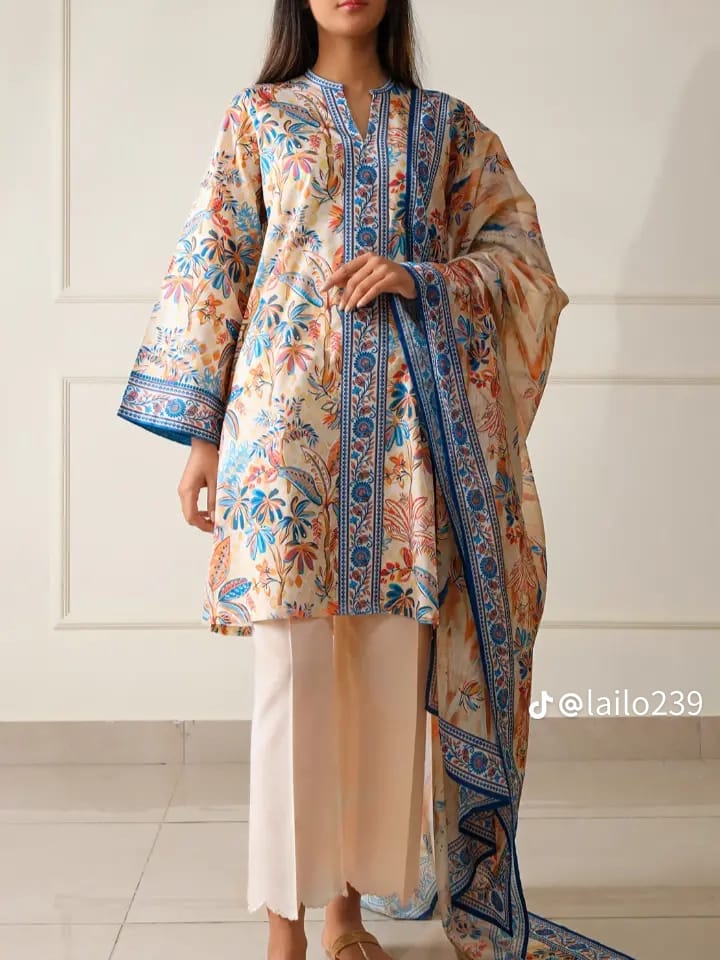 Pastel Blossom Floral Print Unstitched Suit