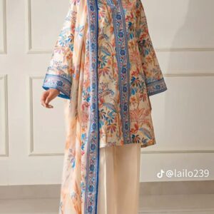 Peach Ivory Artisan Border Print Unstitched Suit