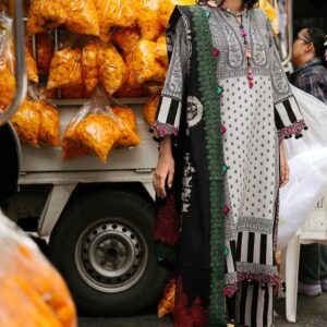 Monochrome Ethnic Border Print Unstitched Suit