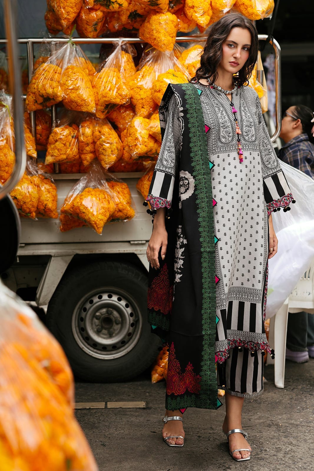 Monochrome Ethnic Border Print Unstitched Suit