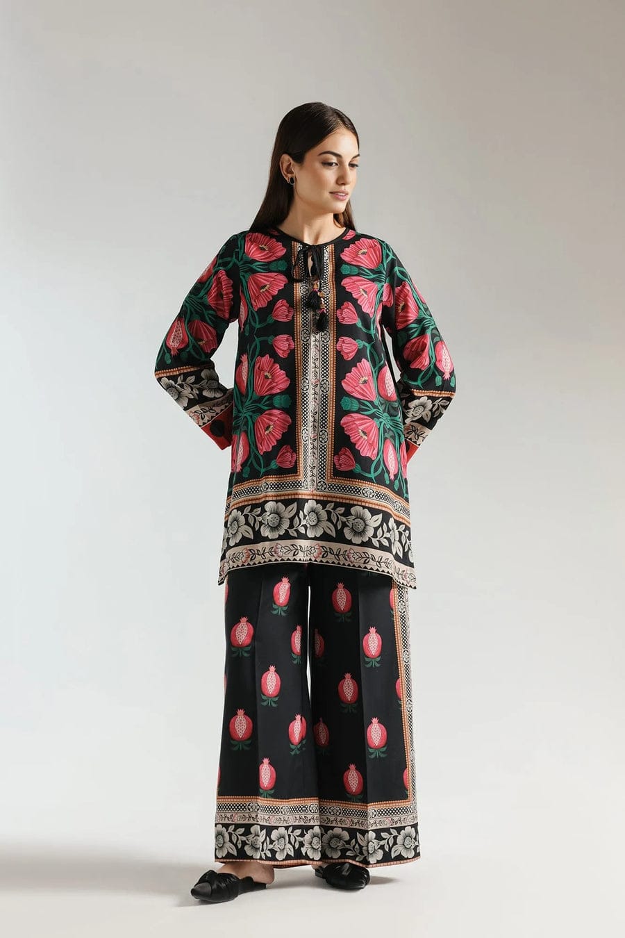 Luxury Black & Red Floral Design Unstitched Suit