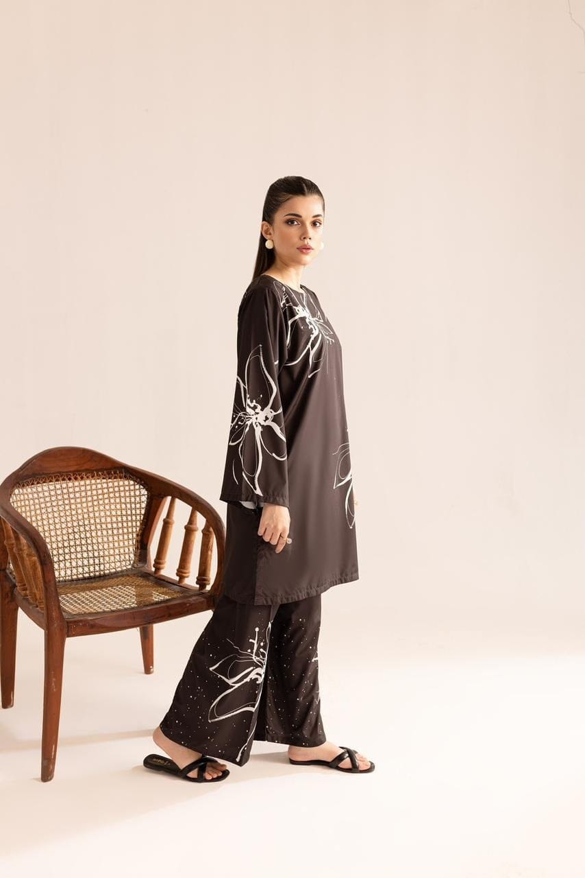 Dark Cocoa Abstract Floral Unstitched Suit