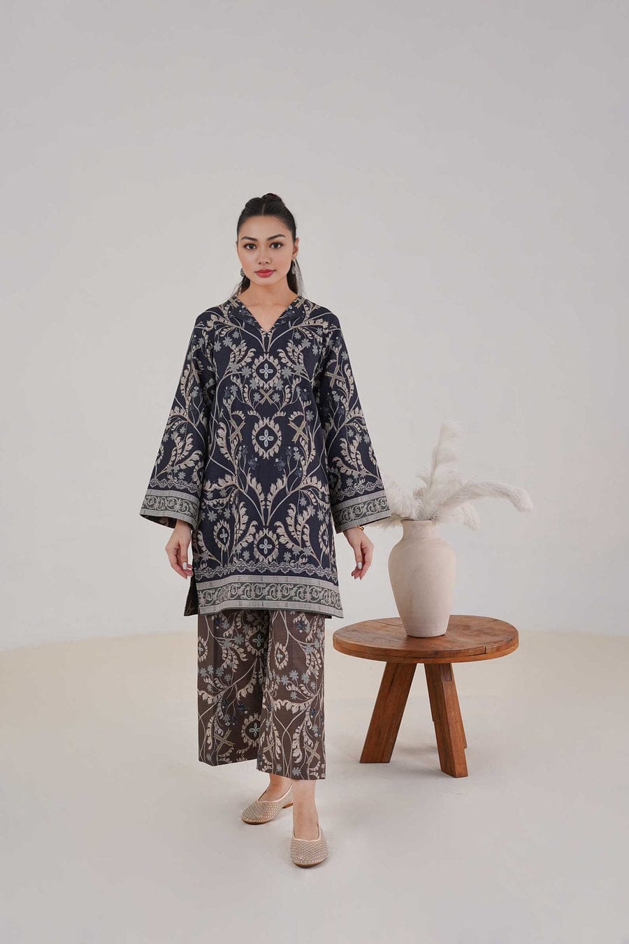 Midnight Blue & Beige Petal Print Unstitched Suit