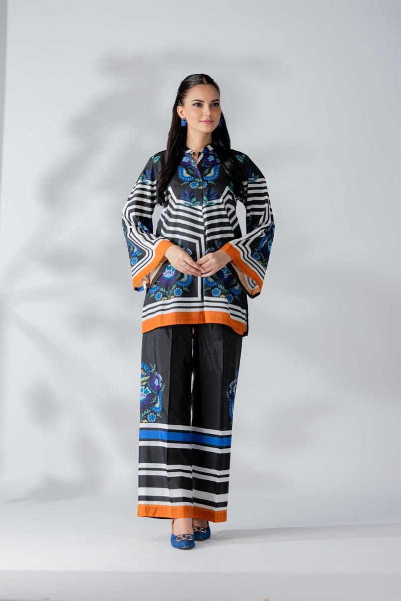 Radiant Black Floral Stripe Unstitched Suit - 44