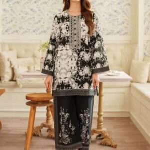 Classic Black & White Floral Print Unstitched Suit