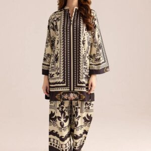 Sophisticated Black & Beige Ethnic Motif Unstitched Suit