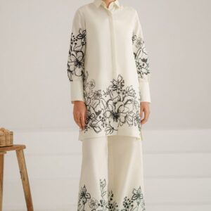 Luxury Black & White Floral Print Unstitched Suit