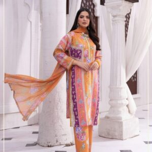 Vibrant Orange Purple Floral Printed Unstitched Suit