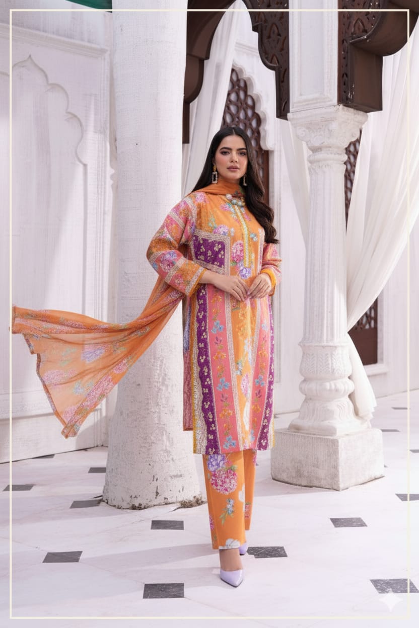 Vibrant Orange Purple Floral Printed Unstitched Suit