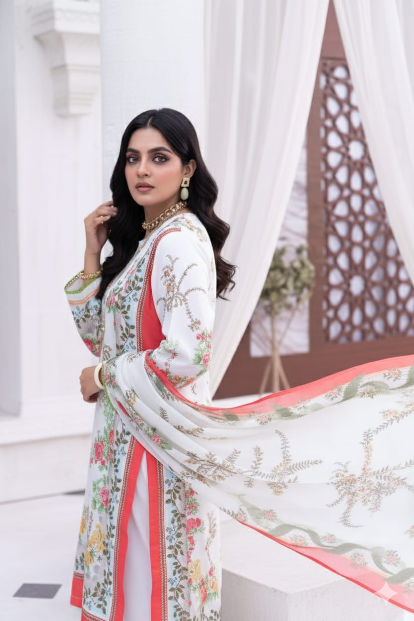 Floral Garden Print White with Colorful Border Unstitched Suit - 15