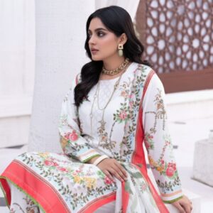 Floral Garden Print White with Colorful Border Unstitched Suit