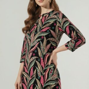 Boho Chic Leaf Print Black Unstitched Suit