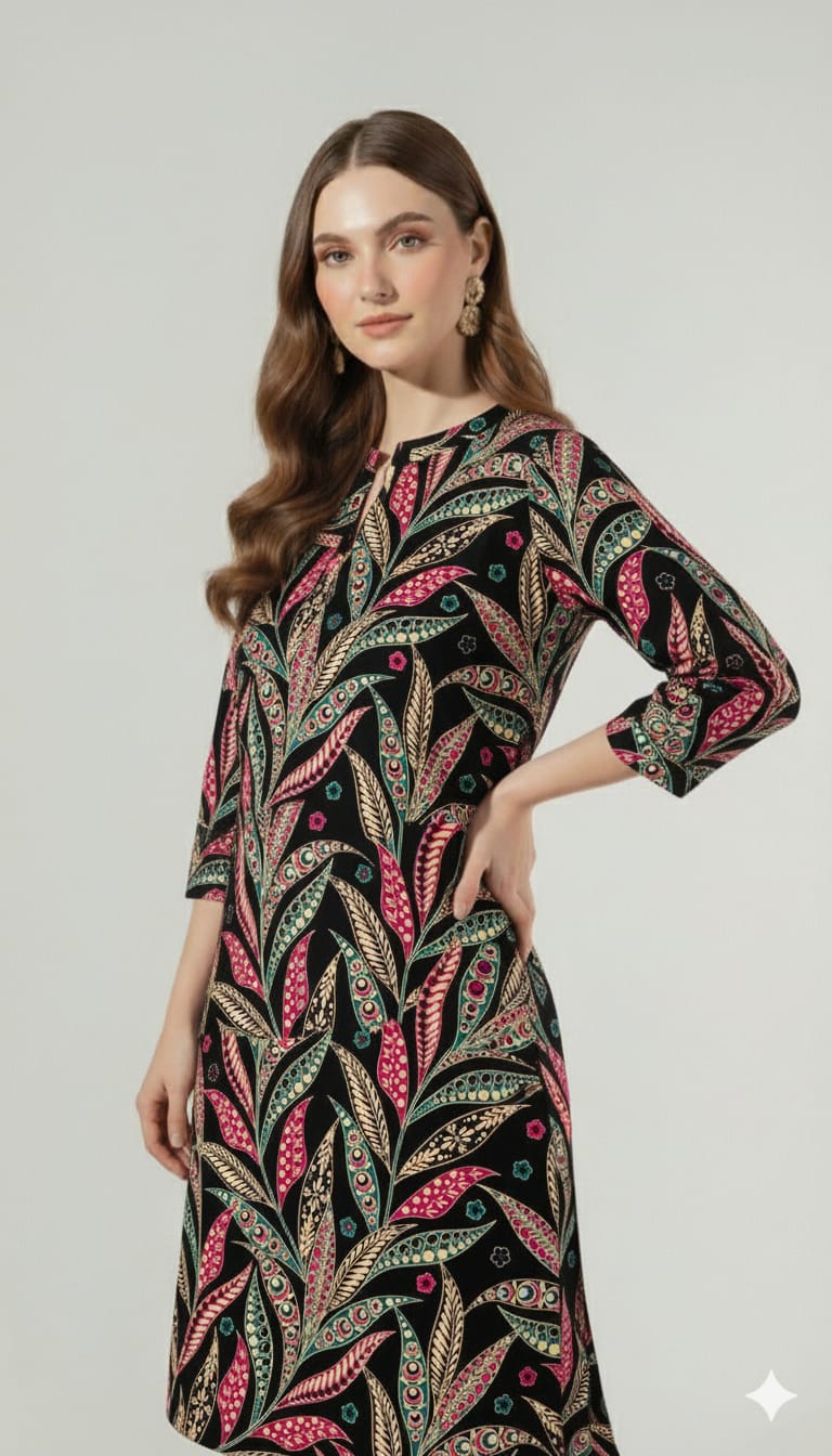Boho Chic Leaf Print Black Unstitched Suit