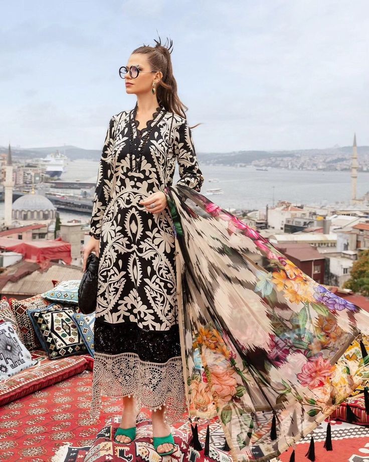 Luxury Monochrome Floral Print Unstitched Suit