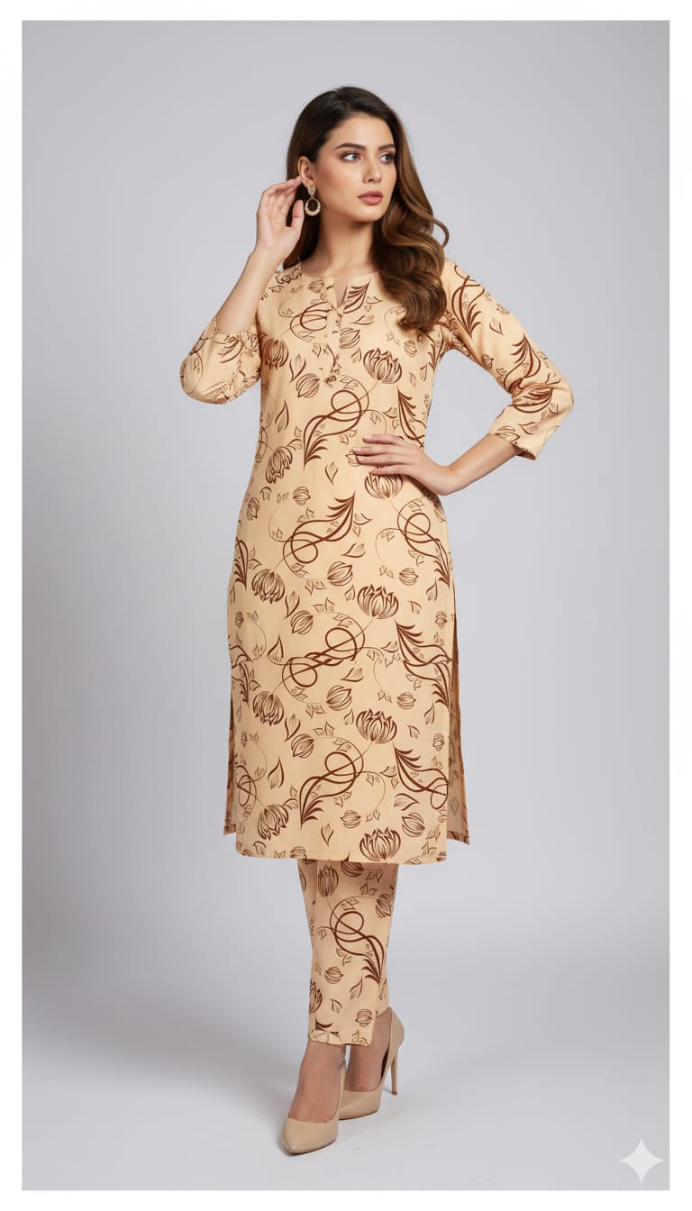 Elegant Beige Floral Bloom Unstitched Suit
