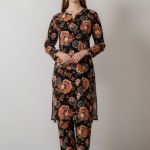 Fiery Floral Delight Black Unstitched Suit