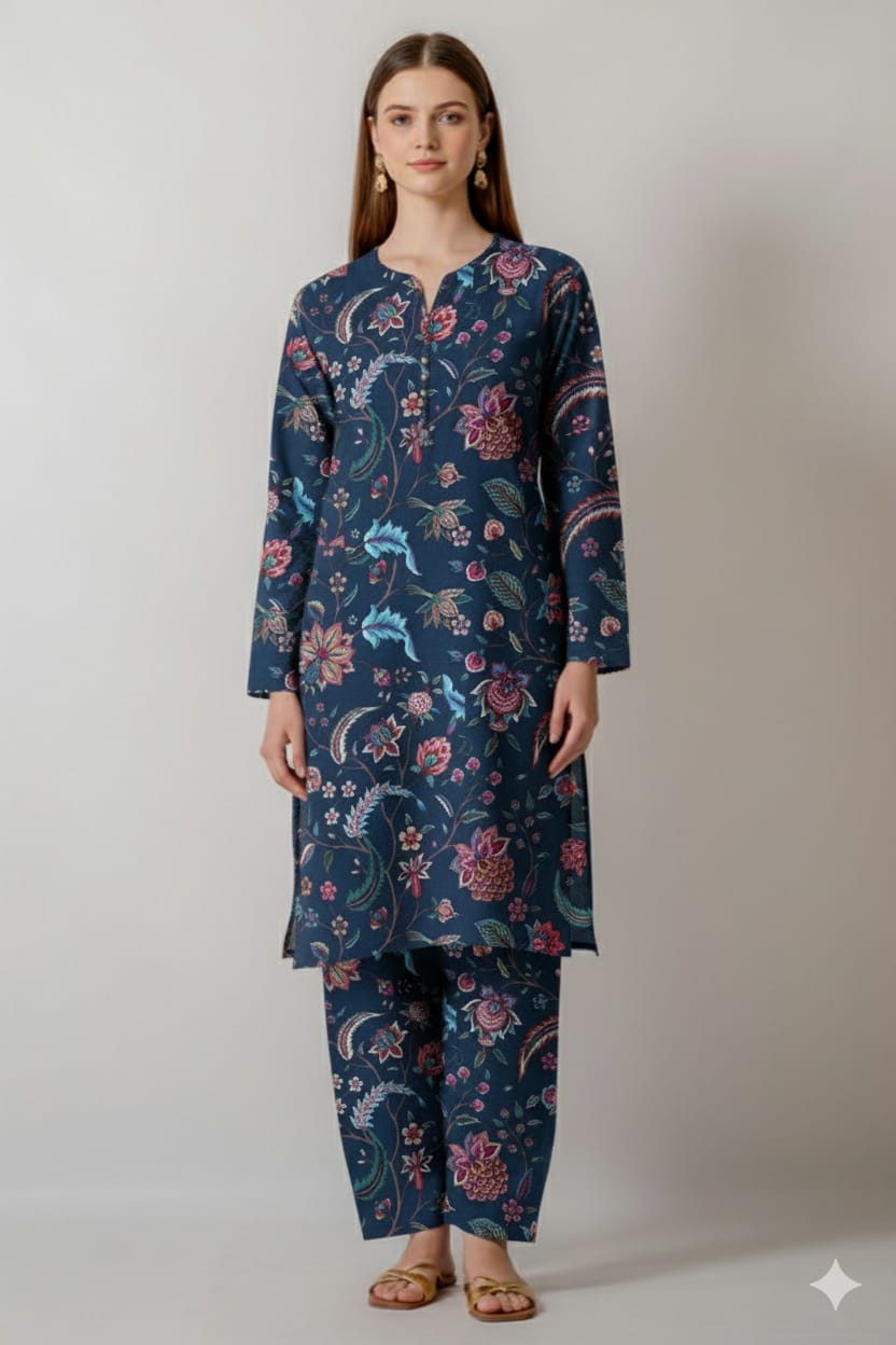 Elegant Midnight Floral Print Unstitched Suit