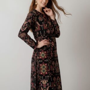 Bohemian Charm Black Ethnic Print Unstitched Suit