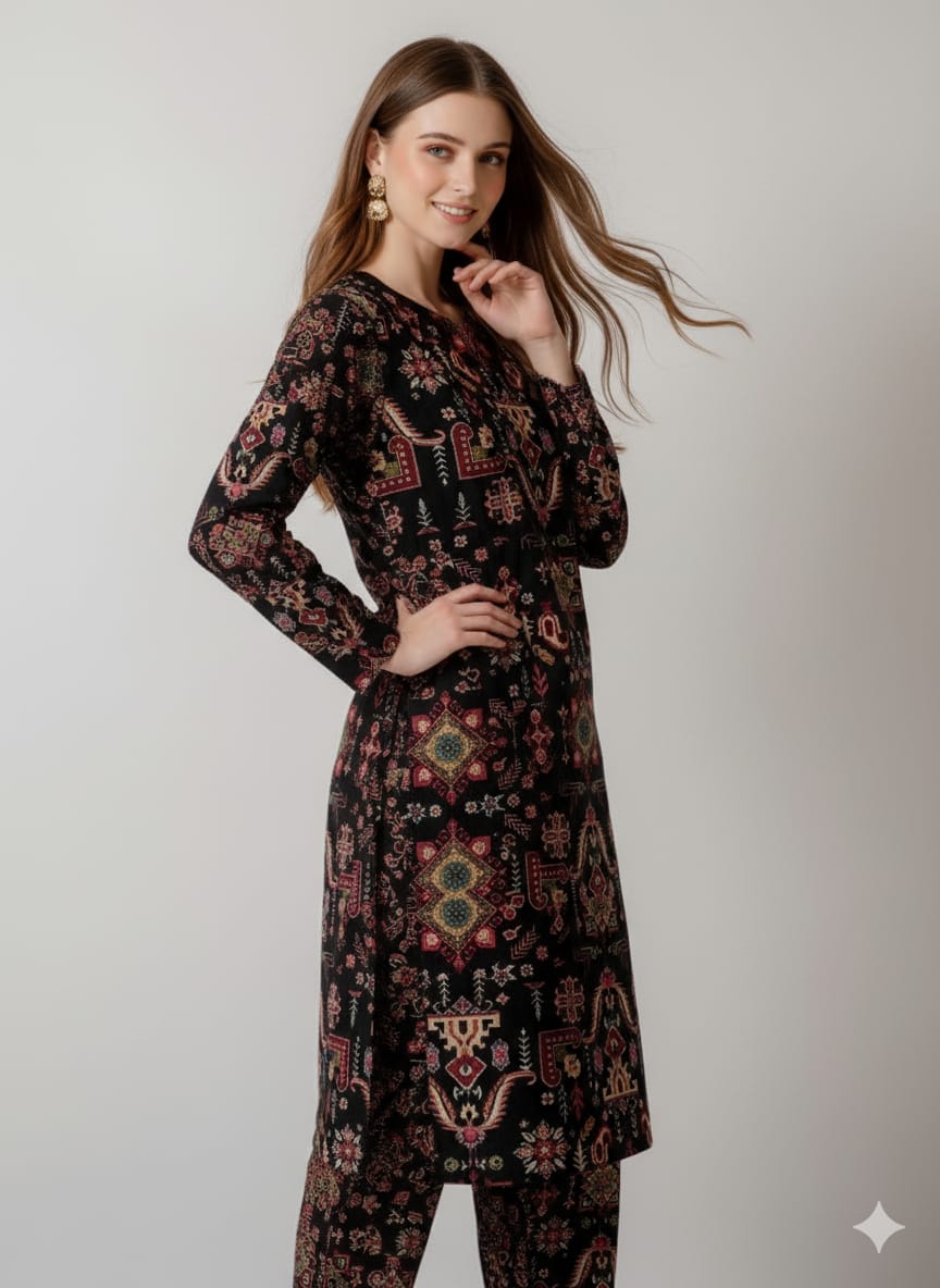 Bohemian Charm Black Ethnic Print Unstitched Suit