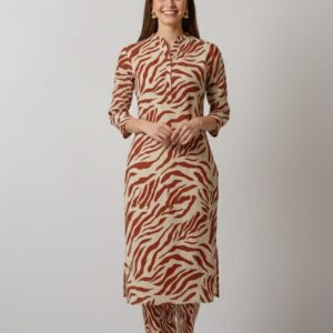 Wild Elegance Beige & Rust Zebra Print Unstitched Suit