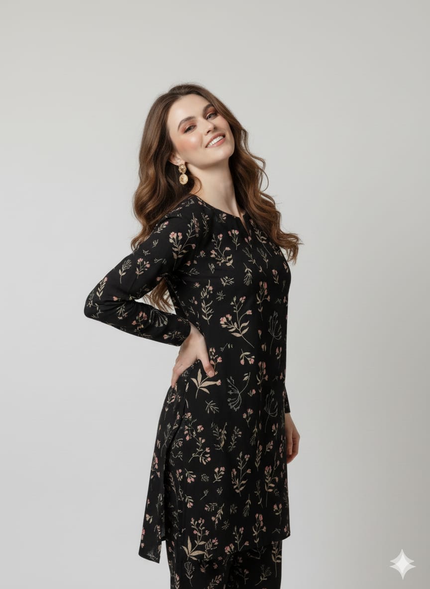 Enchanted Midnight Floral Print Black Unstitched Suit