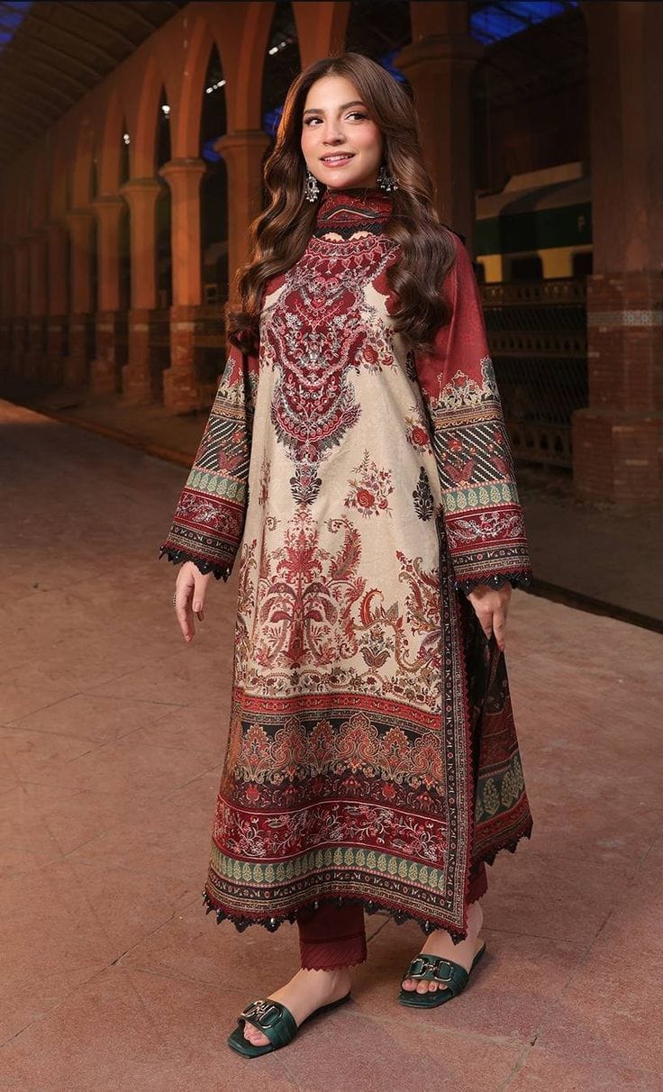 Royal Maroon & Beige Heritage Printed Unstitched Suit